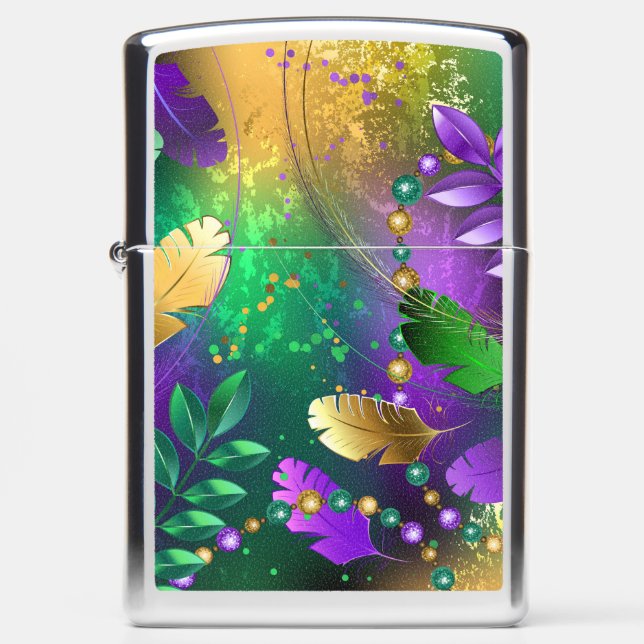 Iridescent mardi gras background with beads zippo lighter (Front)