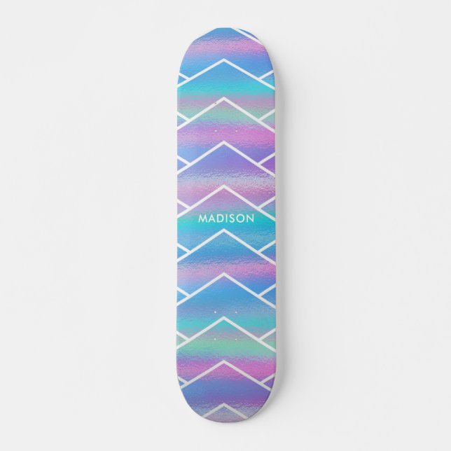Iridescent Modern Girly Pink Blue Personalized Ska Skateboard (Front)