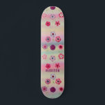 Iridescent Modern Girly Pink Purple Flowers Name Skateboard<br><div class="desc">Iridescent Modern Girly Pink Purple Flowers Name features a modern colorful iridescent background with pink and purple flowers with your personalized name. Personalize by editing the text in the text box provided. Designed by ©Evco Studio www.zazzle.com/store/evcostudio</div>