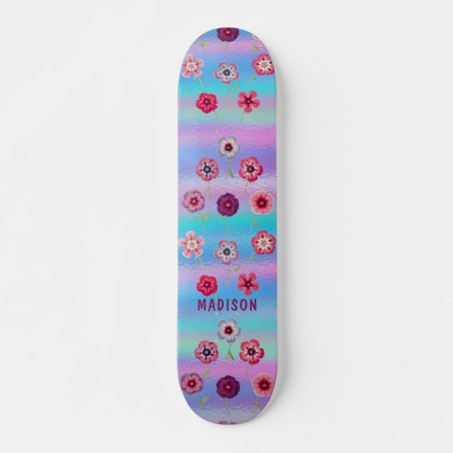 Iridescent Modern Girly Pink Purple Flowers Name Skateboard