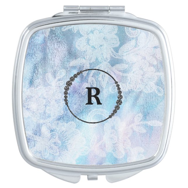 *~* Iridescent Monogram Lace Blue Watercolor Compact Mirror (Front)