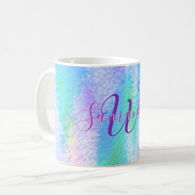 Iridescent Monogrammed Elegant Holographic Coffee Mug (Front Left)