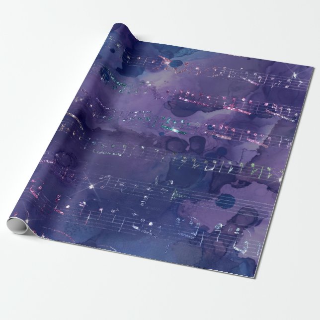 Iridescent Musical Notes on Purple Wrapping Paper (Unrolled)