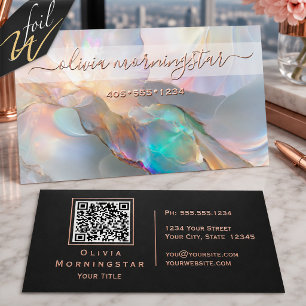 Iridescent Opal Alcohol Ink Rose Gold Foil QR Business Cards