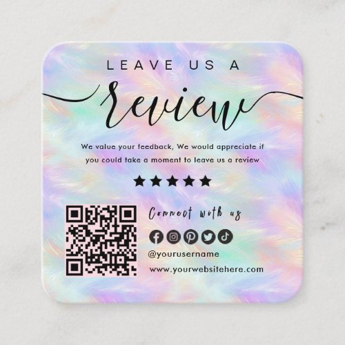 Iridescent Opal Stylish QR Code Leave Us A Review Square Business Card
