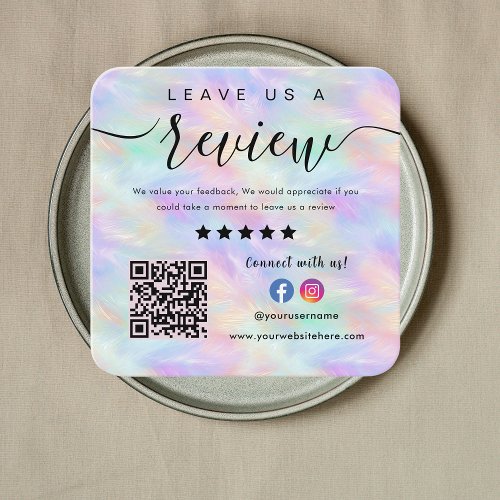 Iridescent Opal Stylish Qr Code Leave Us A Review Square Business Card