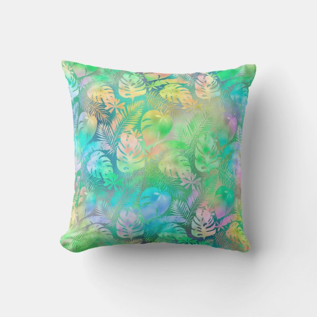 Iridescent Pastel Pink Purple Blue Tropical Leaves Outdoor Pillow (Front)