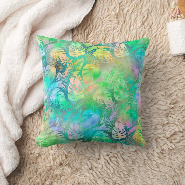 Iridescent Pastel Pink Purple Blue Tropical Leaves Throw Pillow (Blanket)