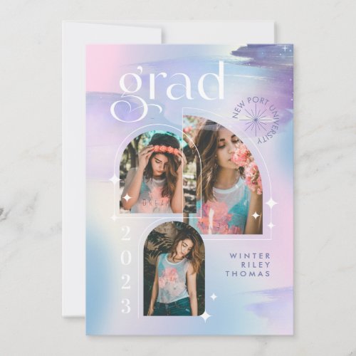 Iridescent Pastel Watercolor Starry 3 Photo Grad Invitation