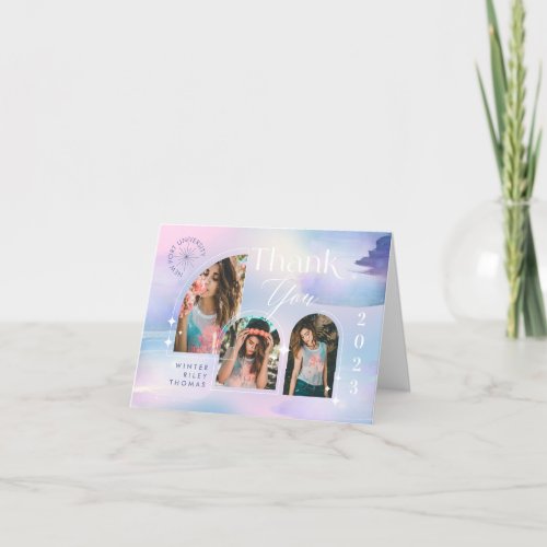 Iridescent Pastel Watercolor Starry 3 Photo Grad Thank You Card