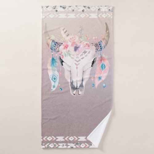 Iridescent Pearl Boho Chic Skull Glam Floral Horns Bath Towel Set