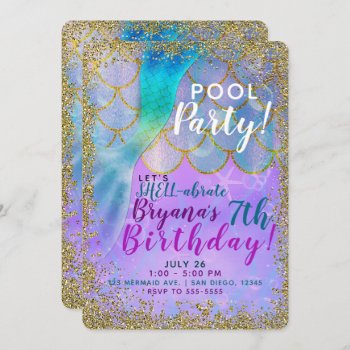 Iridescent Pearl Glitter Mermaid Birthday Party Invitation by printabledigidesigns at Zazzle
