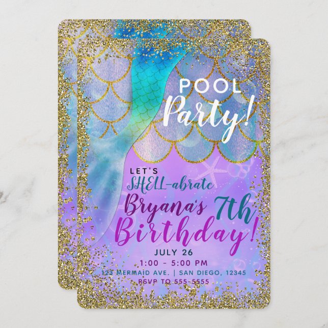 Iridescent Pearl Glitter Mermaid Birthday Party Invitation (Front/Back)