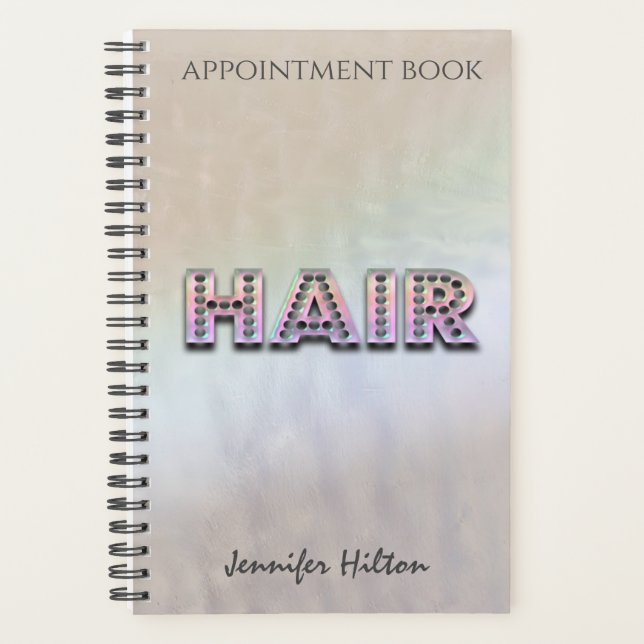 Iridescent pearl holographic hair appointment book planner (Front)