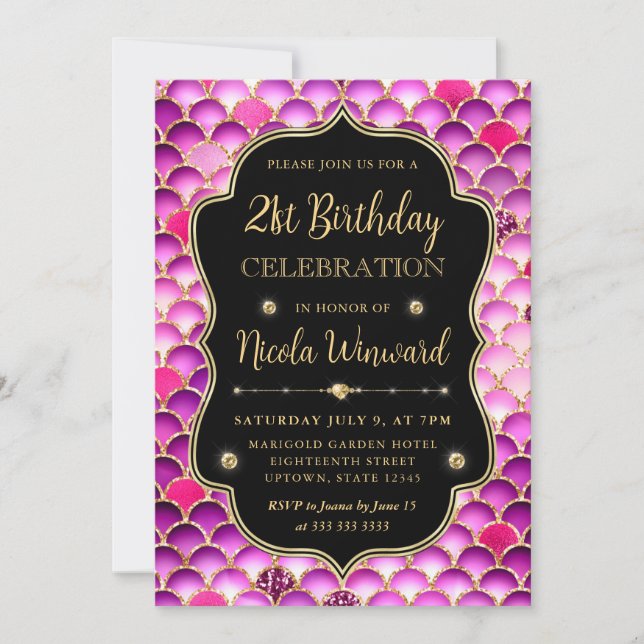 Iridescent Pink and Gold Mermaid Scales Birthday Invitation (Front)