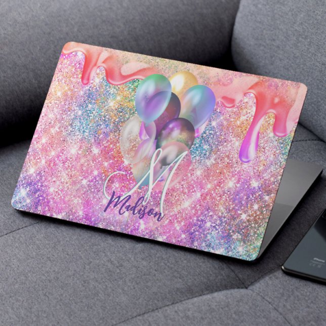 Iridescent pink faux glitter drip balloon monogram HP laptop skin (Creator Uploaded)