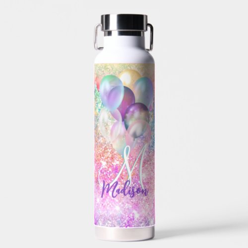 Iridescent pink faux glitter drip balloon monogram water bottle