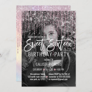 Iridescent Pink Glitter Fringe Photo Sweet 16 Invitation