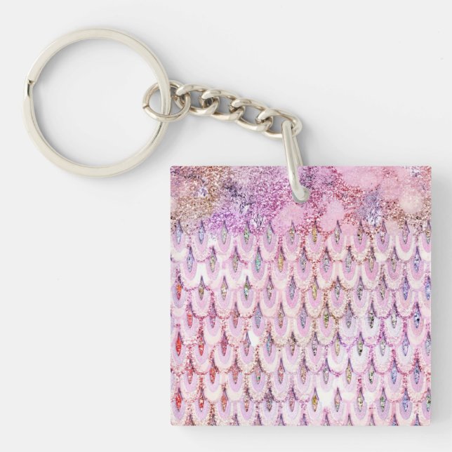 Iridescent pink Glitter Mermaid Fish Scales Keychain (Front)