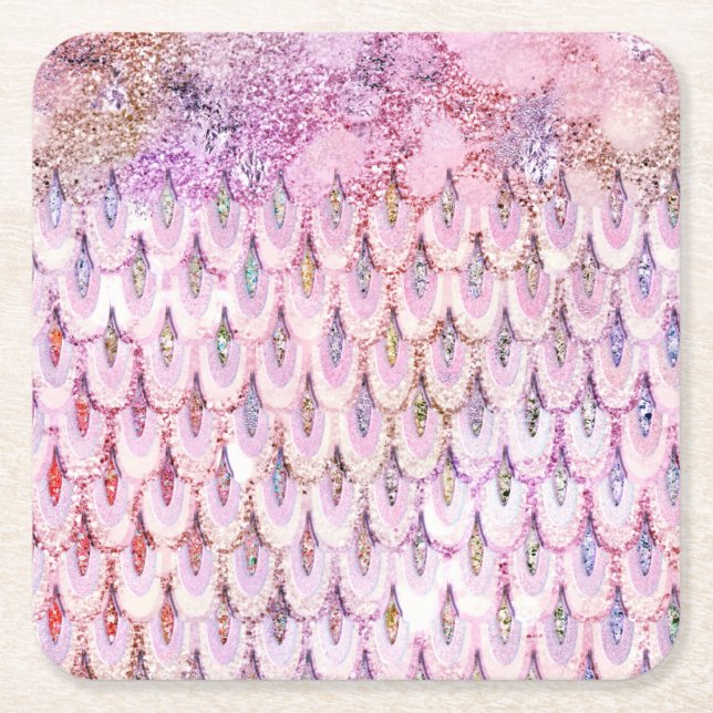 Iridescent pink Glitter Mermaid Fish Scales Square Paper Coaster (Front)