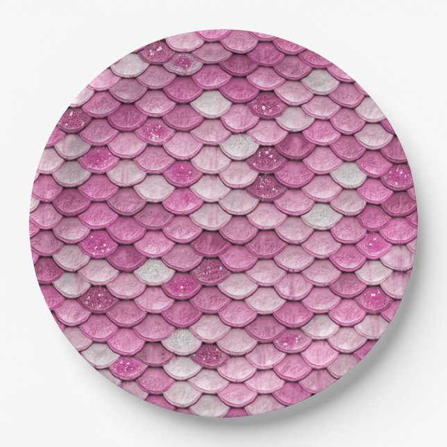 Iridescent Pink Glitter Shiny Mermaid Fish Scales Paper Plates (Front)