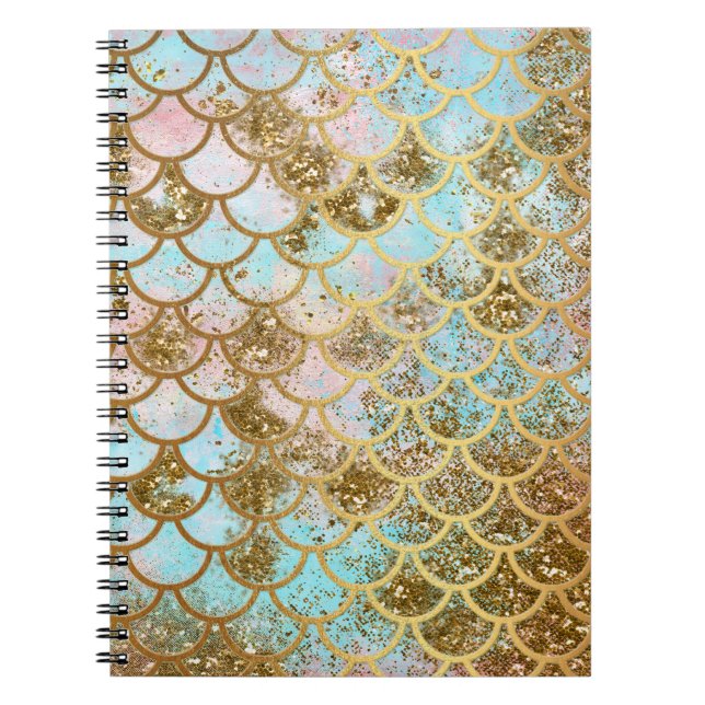 Iridescent Pink Gold Glitter Mermaid Fish Scales Notebook (Front)