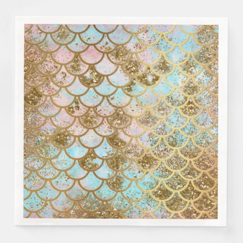 Iridescent Pink Gold Glitter Mermaid Fish Scales Paper Dinner Napkins