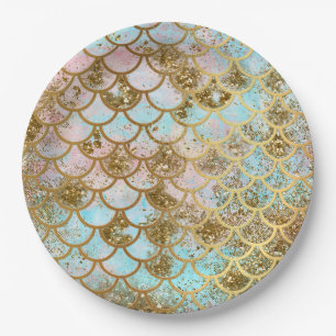 Iridescent Pink Gold Glitter Mermaid Fish Scales Paper Plates