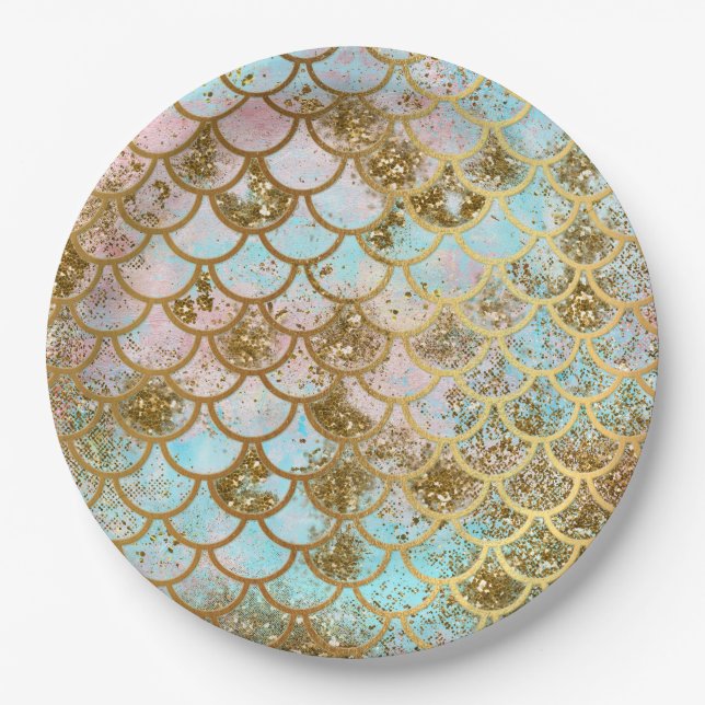 Iridescent Pink Gold Glitter Mermaid Fish Scales Paper Plates (Front)