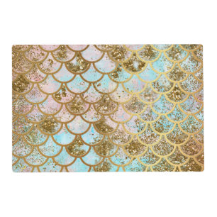 Iridescent Pink Gold Glitter Mermaid Fish Scales Placemat