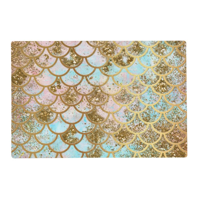 Iridescent Pink Gold Glitter Mermaid Fish Scales Placemat (Front)