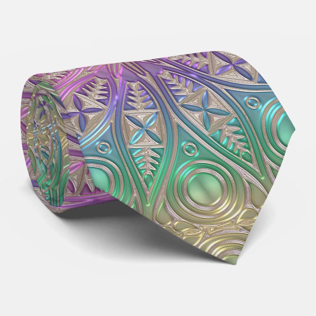Iridescent Pink Purple Green Gold Mandala Neck Tie (Rolled)