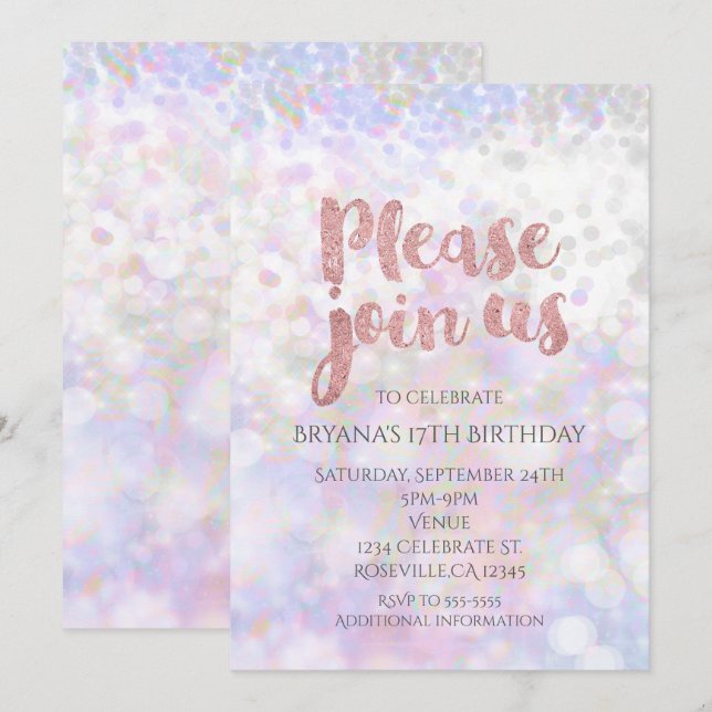 Iridescent Pink Sparkle Glam Party Invitations (Front/Back)