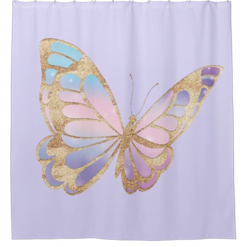 Iridescent Purple and Gold Butterfly on Lavender Shower Curtain