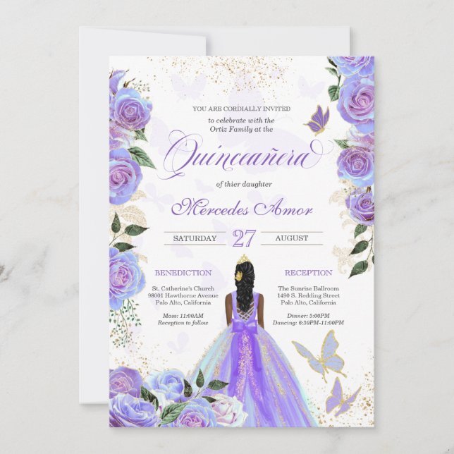 Iridescent Purple Butterflies Mariposa Quinceanera Invitation (Front)