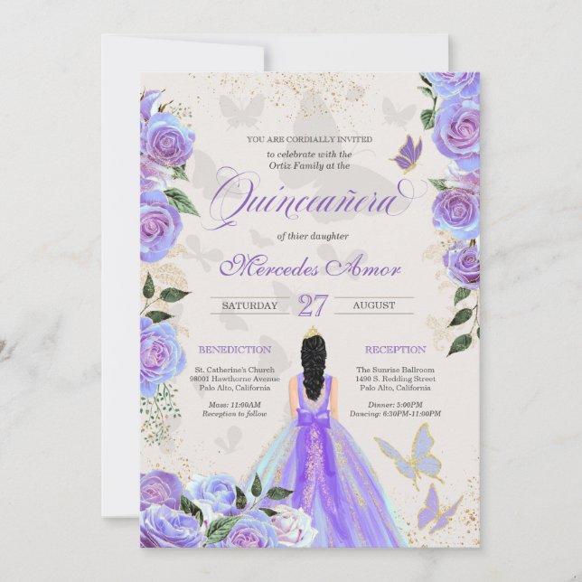 Iridescent Purple Butterflies Mariposa Quinceanera Invitation (Front)