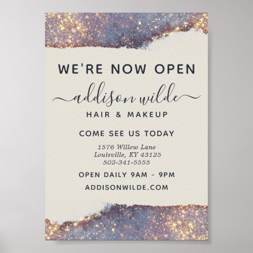 Iridescent Purple Gold Glam Glitter Business Open Poster