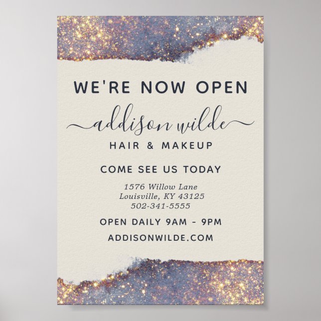 Iridescent Purple Gold Glam Glitter Business Open Poster (Front)