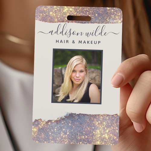 Iridescent Purple Gold Glam Glitter Salon Id Badge