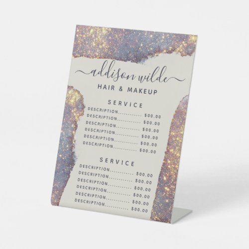Custom Price Menus 7 Iridescent Purple Gold Glam Glitter Service Price Pedestal Sign