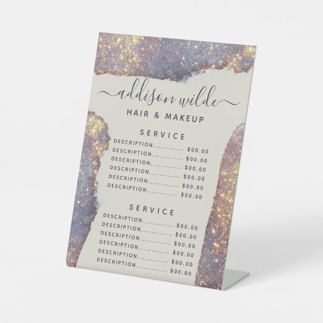 Iridescent Purple Gold Glam Glitter Service Price Pedestal Sign (Front)