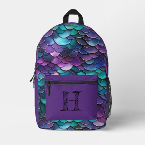 Iridescent Purple Mermaid Monogram Printed Backpack
