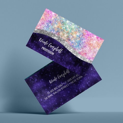 iridescent purple silver faux glitter monogram business card
