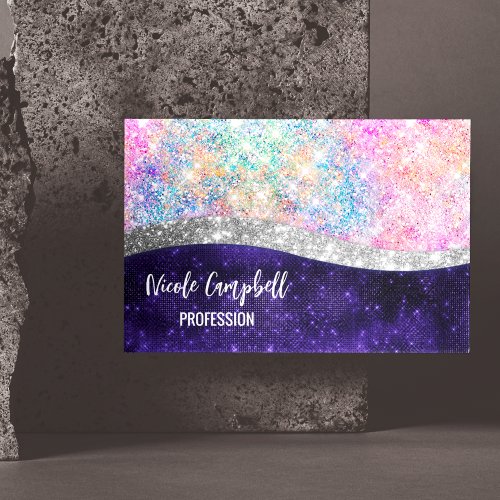 iridescent purple silver faux glitter monogram business card magnet