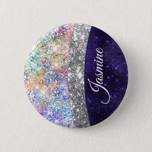 iridescent purple silver faux glitter monogram button