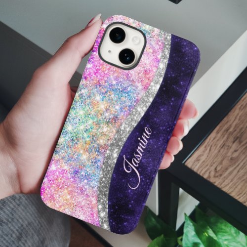 iridescent purple silver faux glitter monogram Case_Mate iPhone 14 case