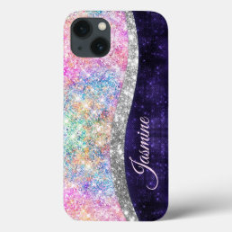 iridescent purple silver faux glitter monogram iPhone 13 case