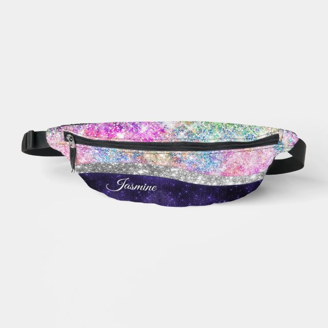 iridescent purple silver faux glitter monogram  du fanny pack (Front)