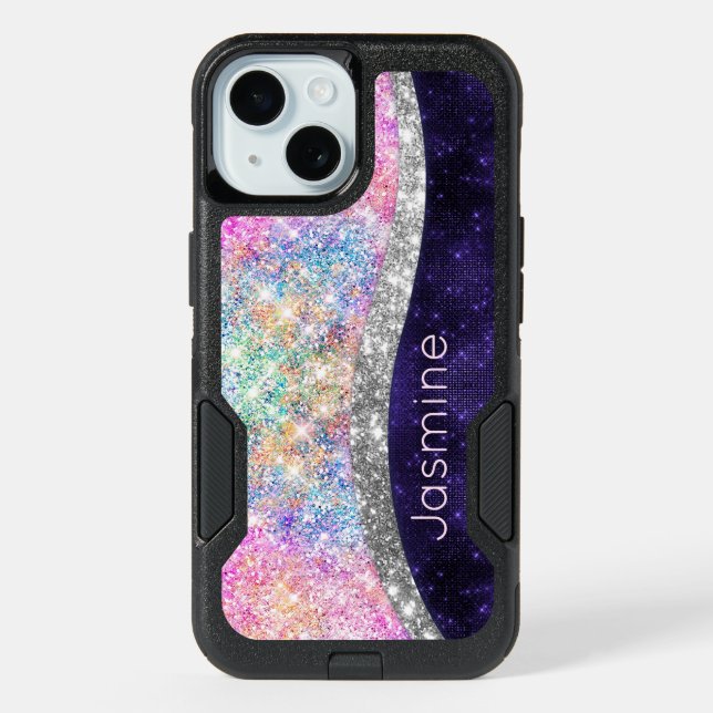 iridescent purple silver faux glitter monogram iPhone 15 case (Back)