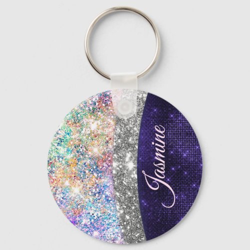 iridescent purple silver faux glitter monogram key keychain